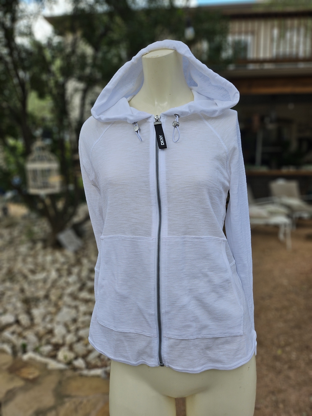 DKNY Sport White Cotton Poly Blend Hooded Zip-Front Sweatshirt Jacket S